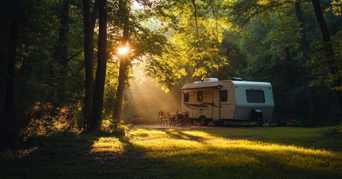Een caravan op een standplek in het bos waar de zon door de bomen schijnt